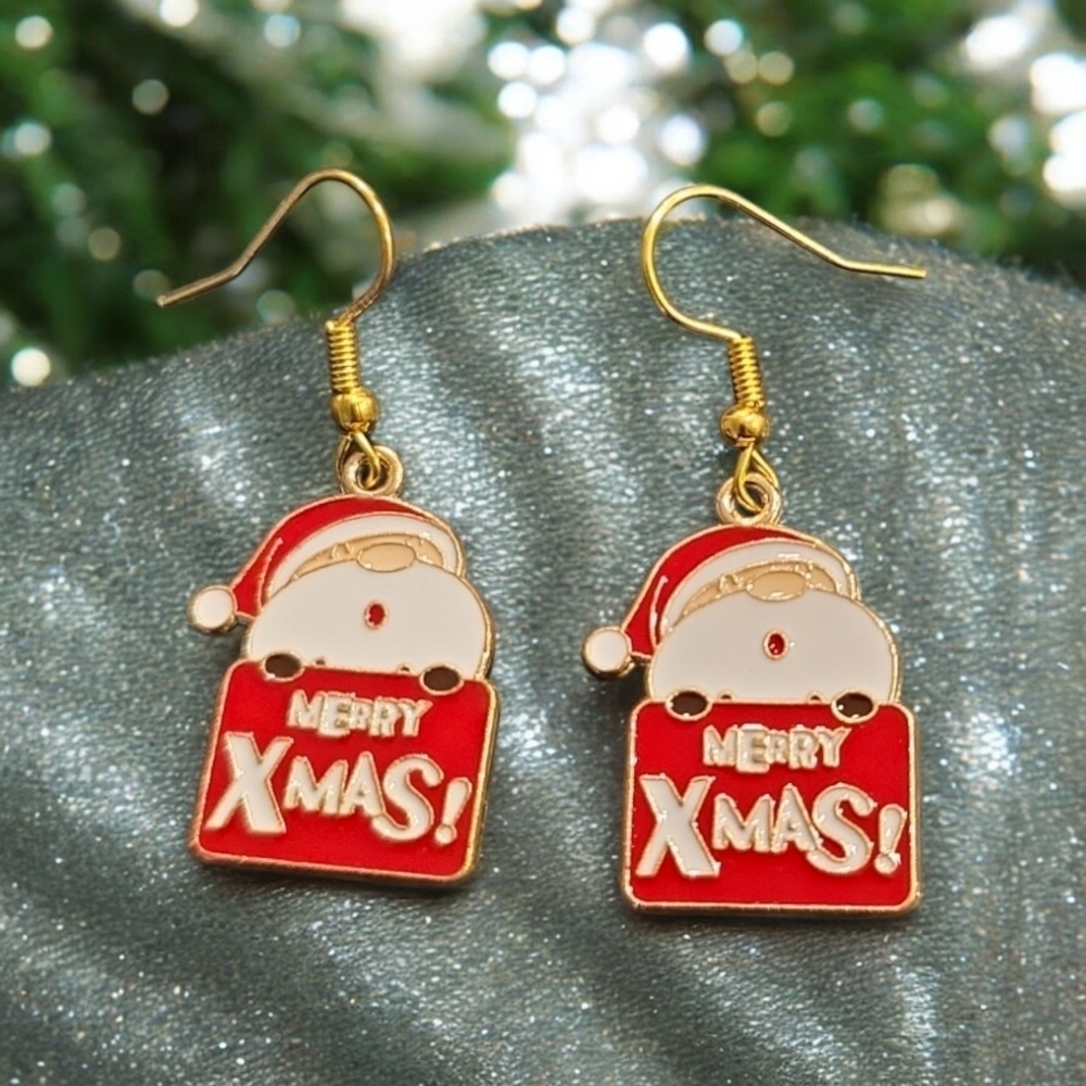 Merry Xmas Santa Festive Holiday Christmas Dangle Earrings